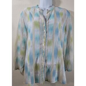 J.H. Collectibles Tan Blue Green Burn Out Striped Button Up Top XL Lightweight
